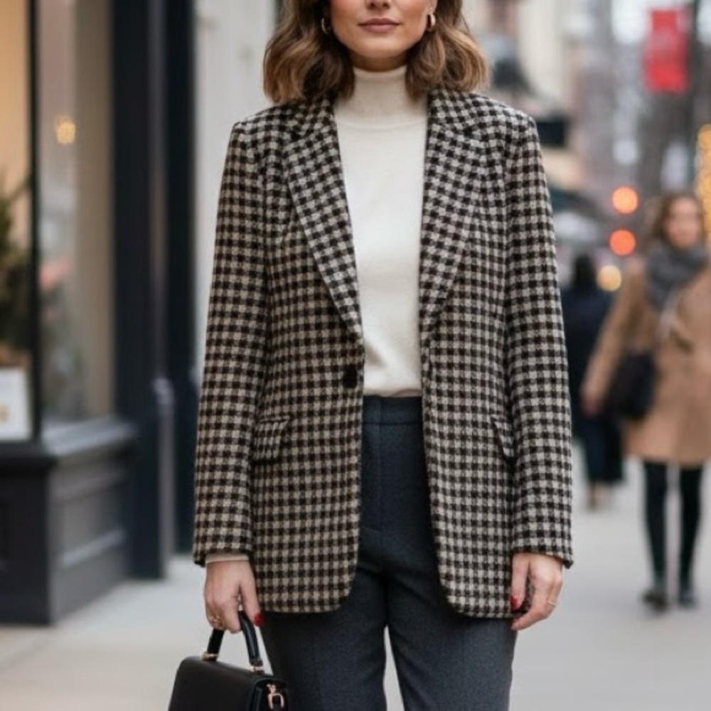 OAT Houndstooth Wool Blazer Countryside Plaid Old Money Quiet Luxury Jacket Y2K